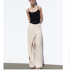 Zara Cream Wide-Leg crossover asymmetrical pants